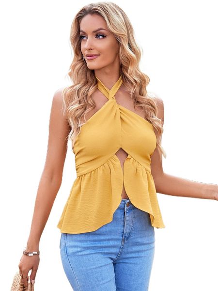 

twist peplum hem tie backless halter k5jb#, White