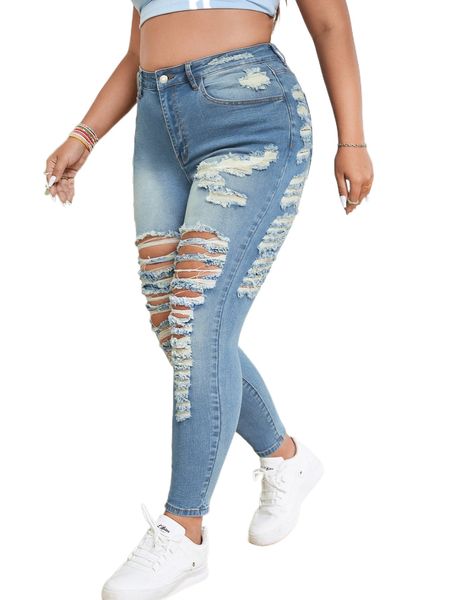 

plus high waist ripped skinny jeans n8uk#, Blue