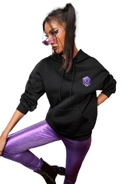 

x toadlyart graphic drawstring kangaroo pocket hoodie q1re#, Black