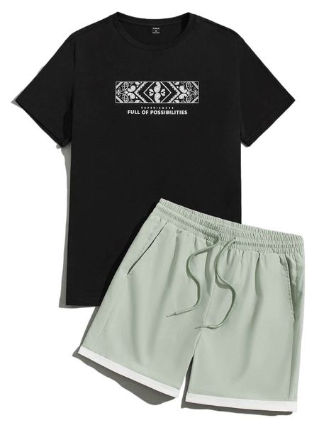 

men slogan & paisley print tee and drawstring waist shorts set t4cn#, Gray