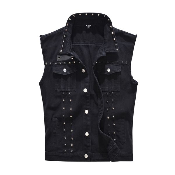 

new 2022 denim vest men punk rock rivet cowboy black jeans waistcoat fashion men motorcycle style sleeveless jacket m-5xl, Black;white