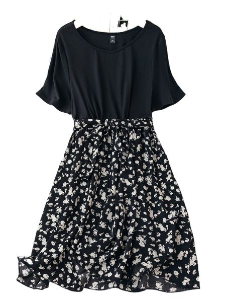 

plus ditsy floral print belted dress l2ld#, Black