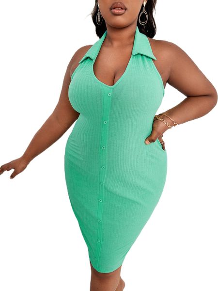 

sxy plus fake buttons front halter neck backless bodycon dress p2i7#, Black
