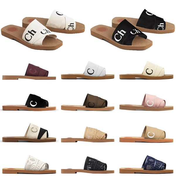 

designer women slide woody mules flat shoes sandals canvas slippers rubber slides white black pink khaki bordeaux lace lettering fabric wome, White;red