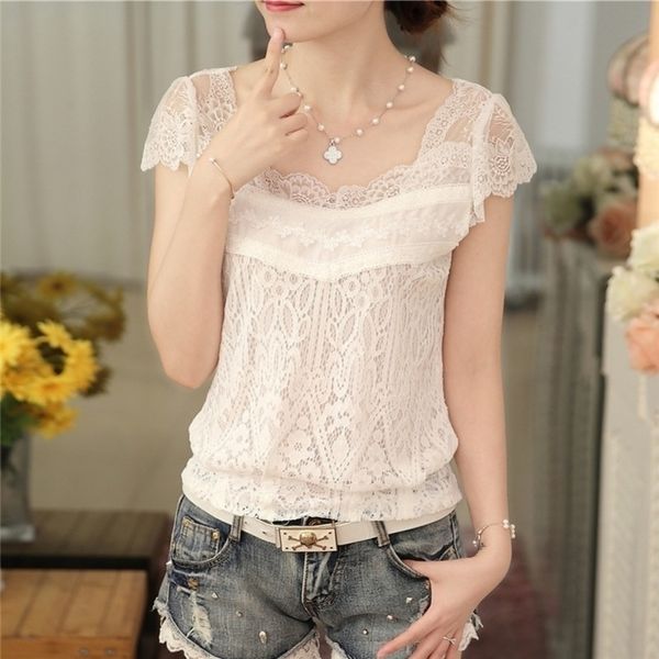 

summer korean style vneck female blouse short sleeve white lace slim elegant solid color women shirt 59f 25 y200622
