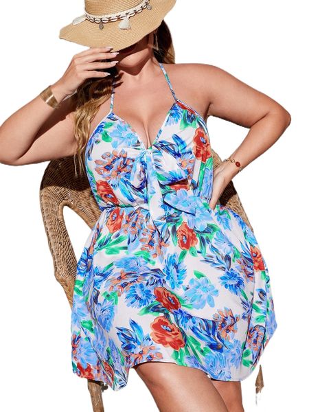 

plus floral print tie backless halter dress t31z#, Black