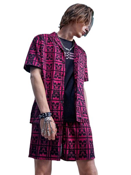 

romwe goth guys skull print shirt & shorts w6xb#, Gray