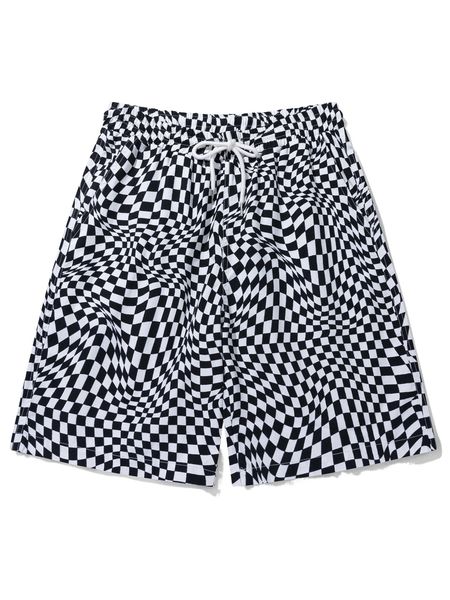 

men checkerboard print drawstring waist shorts p8ro#, White;black