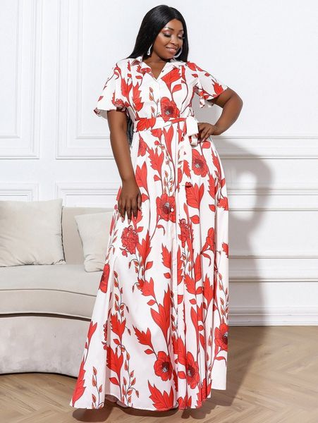 

seomiscky plus floral print butterfly sleeve belted dress j1gy#, Black