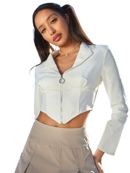 

lapel neck zip up asymmetrical hem blouse e4rr#, White