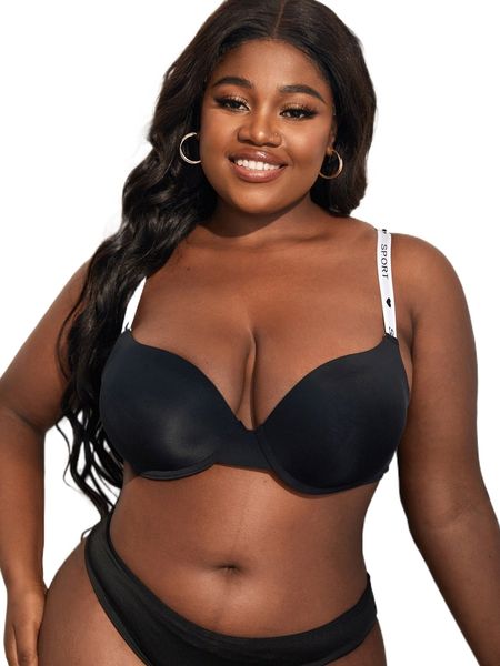 

plus letter graphic strap underwire bra o2w2#, Black;white