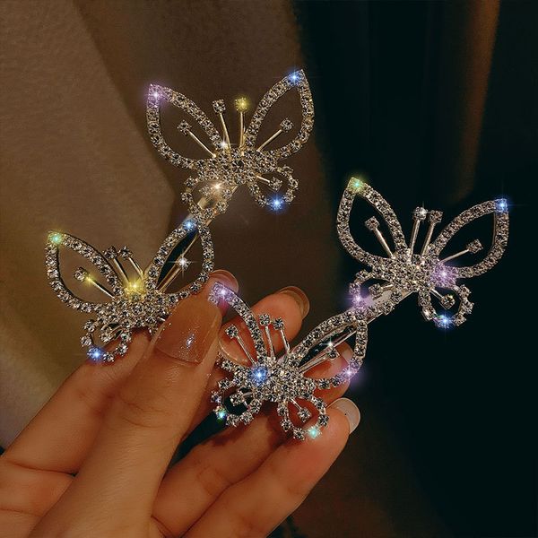 

ins cute double butterfly hair clips clamp for women girl rhinestones pins barrettes crab clip bridal accessories 220719, Slivery;golden