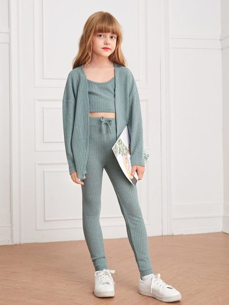 

girls waffle knit drop shoulder coat & pants with cami she, White