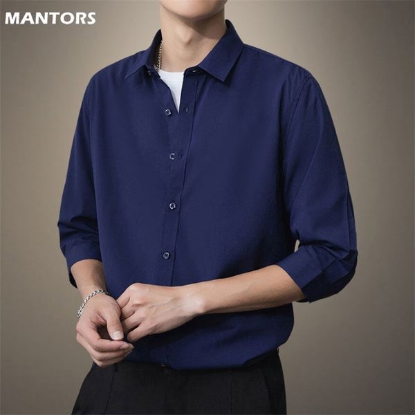 

solid mens shirts summer dress business casual tee fashion 34 sleeves clothing 4xl 220804, White;black