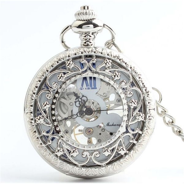Pais de vendas a quente Dio do dia Presente de alta qualidade Flor Hollow Prata Pocket Mechanical Pocket Watch Vintage Roman Dial Pocket Watch T200502
