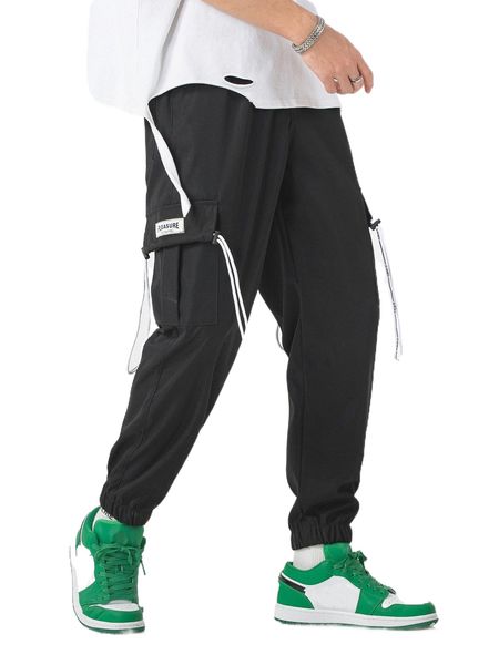 

men letter patch detail drawstring flap pocket side cargo pants x76f#, Black