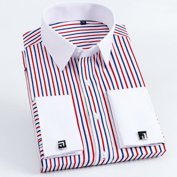 Männer Casual Slim Fit Hemd Herren Langarm Business Hemden Französisch Manschettenknöpfe Hemd Männlich Gestreiftes Hemd