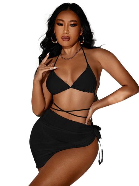 

sxy 3pack solid lace up triangle bikini swimsuit & beach skirt b6zh#, White;black