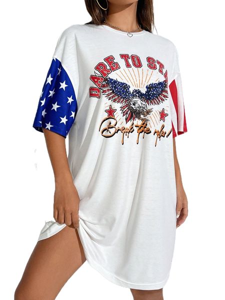 

eagle & slogan graphic drop shoulder tee dress k84r#, Black;gray