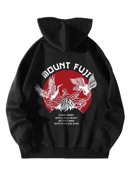 

crane & slogan graphic drawstring thermal lined hoodie c4ex#, Black