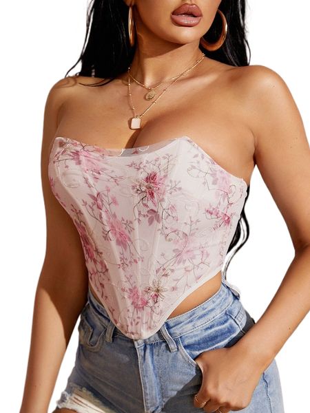 

sxy f.loral print contrast embroidered mesh curved hem tube t.op q7lt#, White