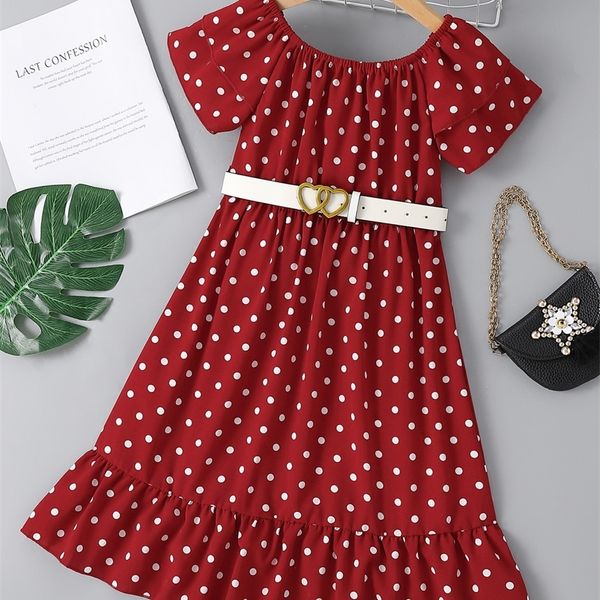 

little girl's wave dot pattern ruffle belt dress she, Red;yellow