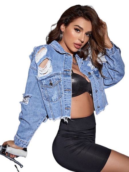 

drop shoulder ripped raw hem crop denim coat b6ed#, Black;brown