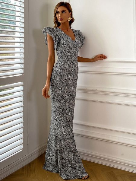 

missord allover print ruffle sleeve prom dress u5w3#, Black;gray