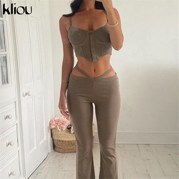 

knitted elegant two piece set women autumn classic button camisole+flare pants matching outfit lady minimalist clothing, White