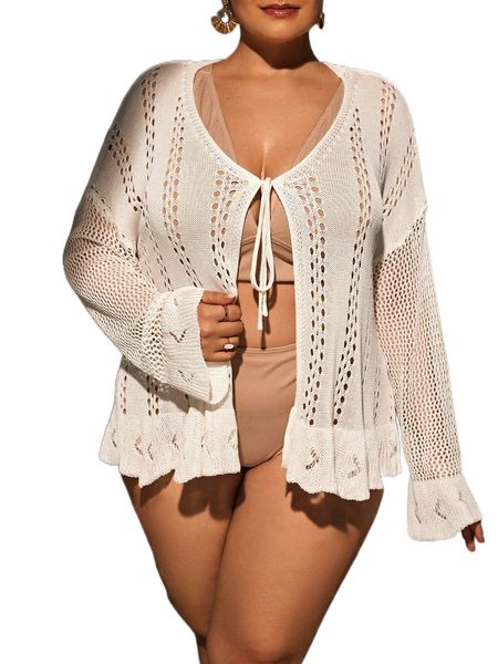 

plus hollow out tie front kimono z4s6#, Black;gray