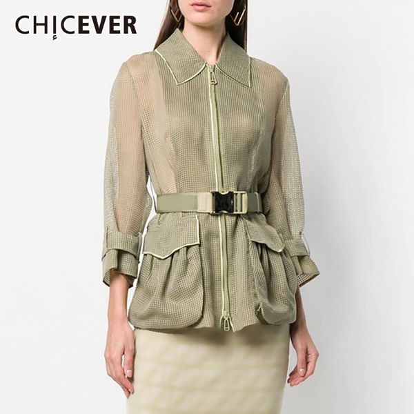 Chicever Hollow Out Jacket Coat for Women Women Slave Lapla -Sashes de colarinho solto Bolsos de casacos Roupos de moda feminino ver￣o 201029