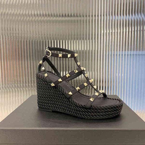 

sandals women shoes genuine leather sandals rivet super high heels espadrilles wedge pumps flat platform summer, Black
