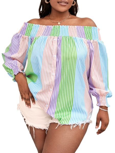 

sxy plus block striped off shoulder shirred lantern sleeve blouse h59e#, Black
