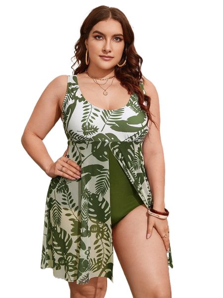 

plus plant print ruffle hem one piece swimsuit i2d6#, White;black