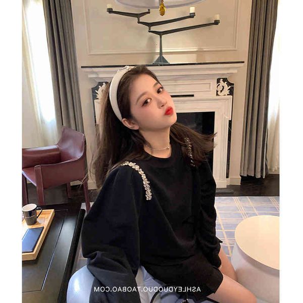 

women's hoodies & sweatshirts casual korean version comes with "focus" two row diamond sweater round neck loose medium length, Black
