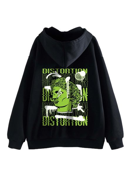 

figure & letter graphic drawstring thermal lined hoodie d8fv#, Black