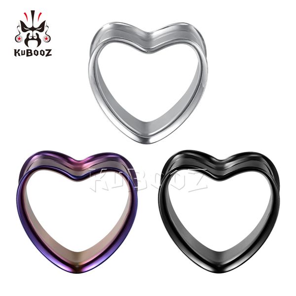 

kubooz stainless steel heart-shaped ear plugs tunnels earring piercing gauges body jewelry stretchers expanders wholesale 8mm to 25mm 32pcs, Silver