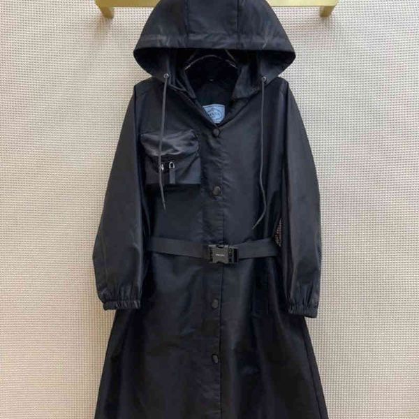 

long hooded jacket female designer fashion brand pra triangle label front and rear pocket design waist windbreaker slim fit rainproof coat w, Black