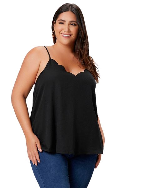 

plus solid scallop trim cami p9yt#, Black