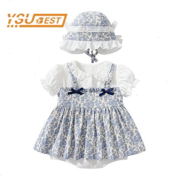 

0-2yrs newborn toddler baby girl short sleeve printing romper hat 2pcs summer jumpsuit kids clothes, Blue