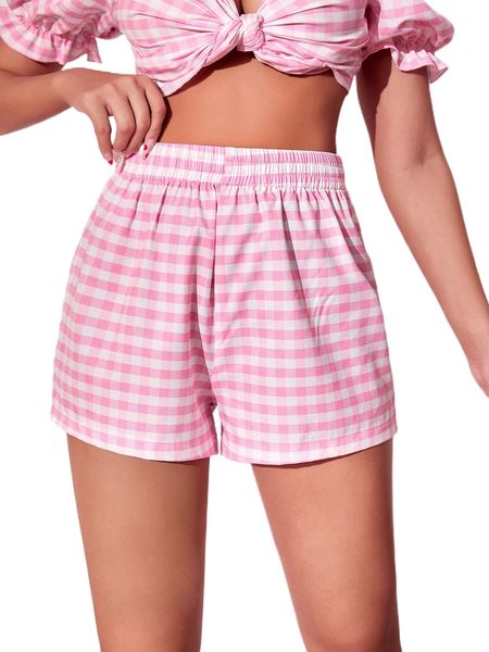 

gingham print elastic waist shorts p9kk#, White;black