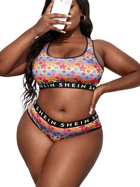 

plus star print contrast letter tape lingerie set f4cg#, Black;white