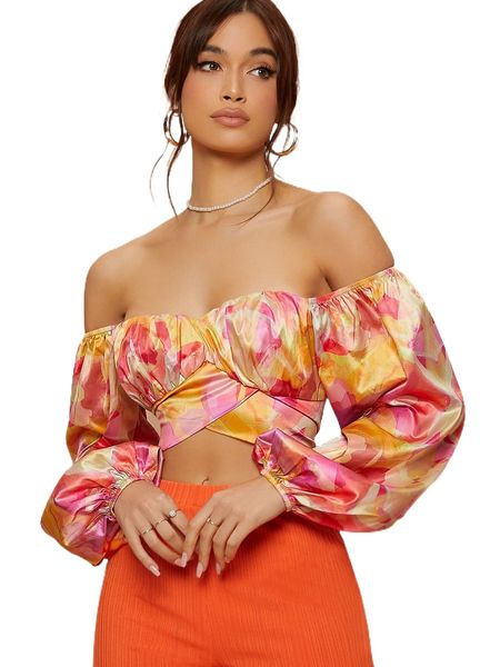 

off the shoulder floral print cross wrap h8cd#, White