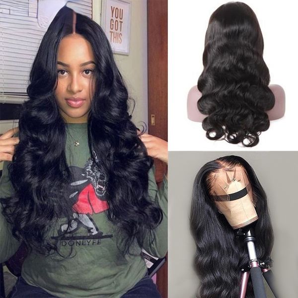 

brazilian body wave lace front wig 180 density pre plucked full lace human hair wigs remy 360 lace frontal wig for women, Black