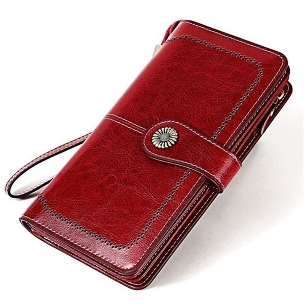 

cowide leather women wallet retro natural skin long zipper coin bag carteira feminina big capacity purse for v191116, Red;black