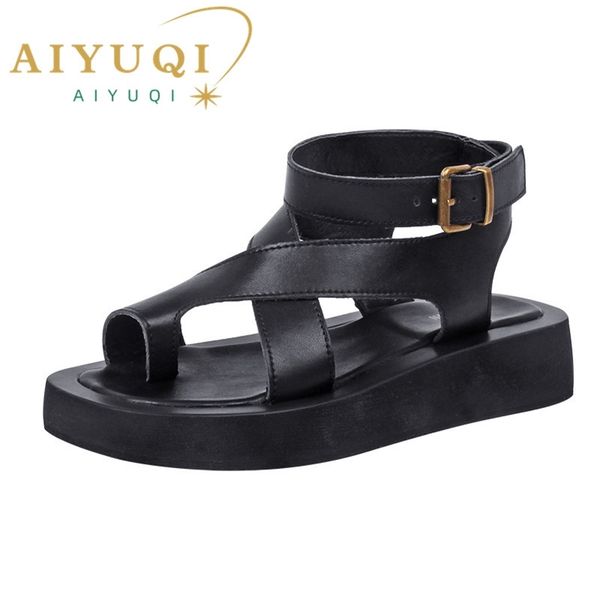 

aiyuqi sandals women genuine leather summer clip toe sandals ladies roman women shoes muffin sandals 220809, Black