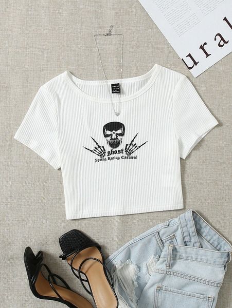 

skull and letter graphic rib-knit tee l37k#, White