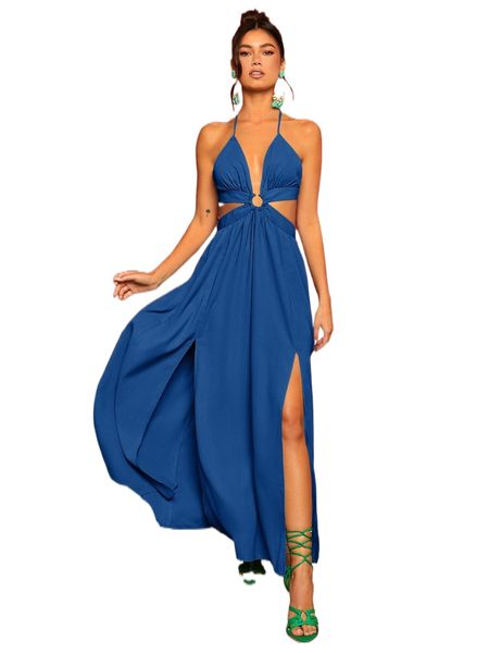 

ring linked criss-cross tie backless -slit hem maxi dress 68vu#, Black;gray