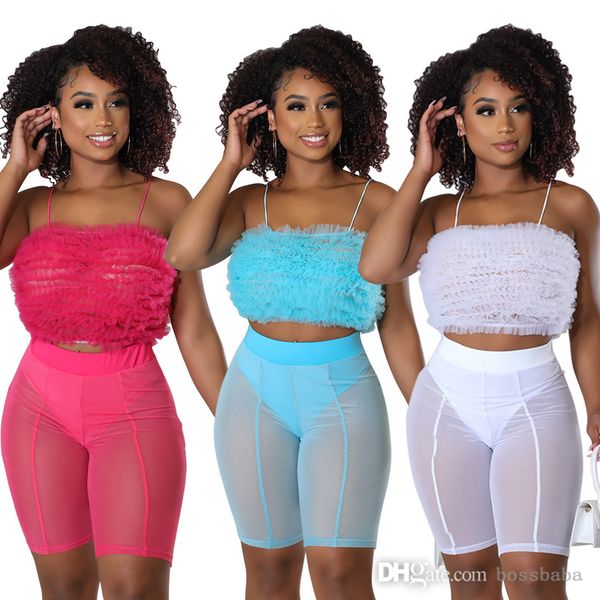 

summer womens shorts tracksuits high elastic mesh wave ruffle lace and short pants set two piece outfits, Gray
