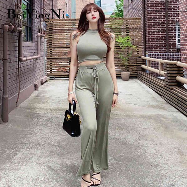 

women casual two piece set summer korean style vintage crop long pants female solid color elastic high waist 210427, White